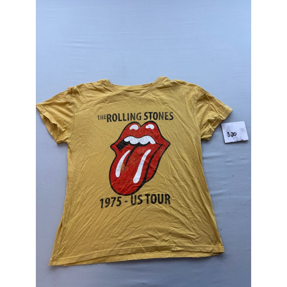 Rolling Stones 1975 US Tour Graphic T-Shirt Yellow Cotton Short Sleeve Large